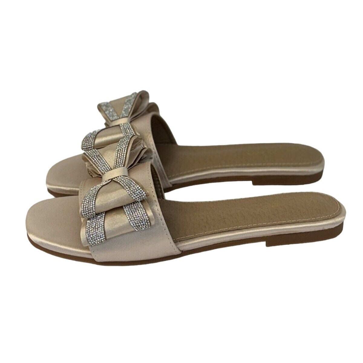 Bow Slide Flat  Satin Sandals Nude Women's Size 8.5