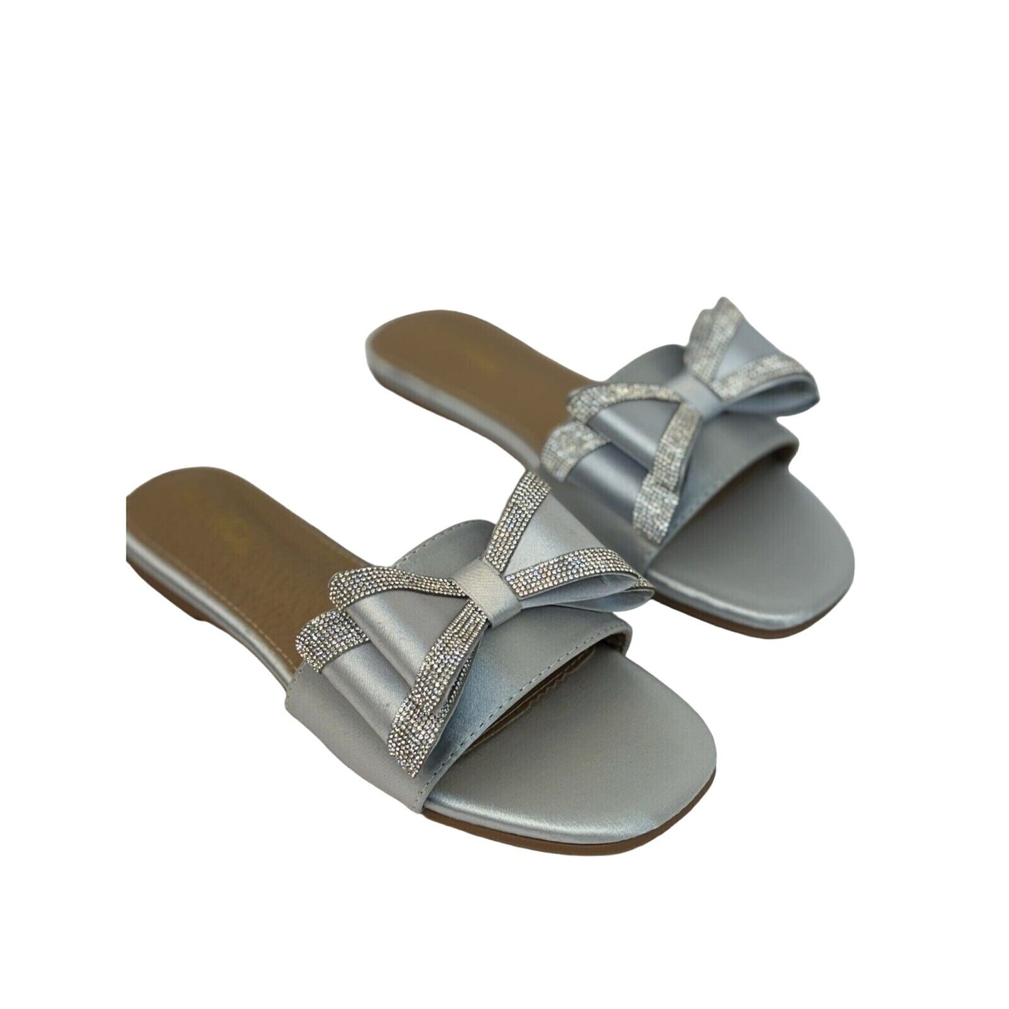 Bow Slide Flat  Satin Sandals Silver Women's Size 9