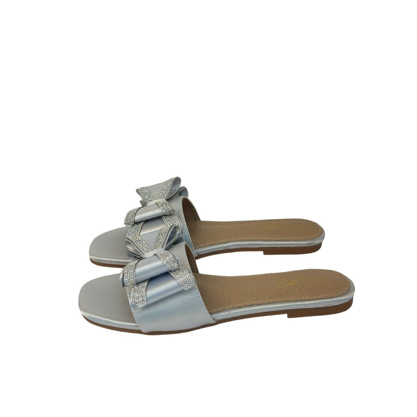 Bow Slide Flat  Satin Sandals Silver Women's Size 9