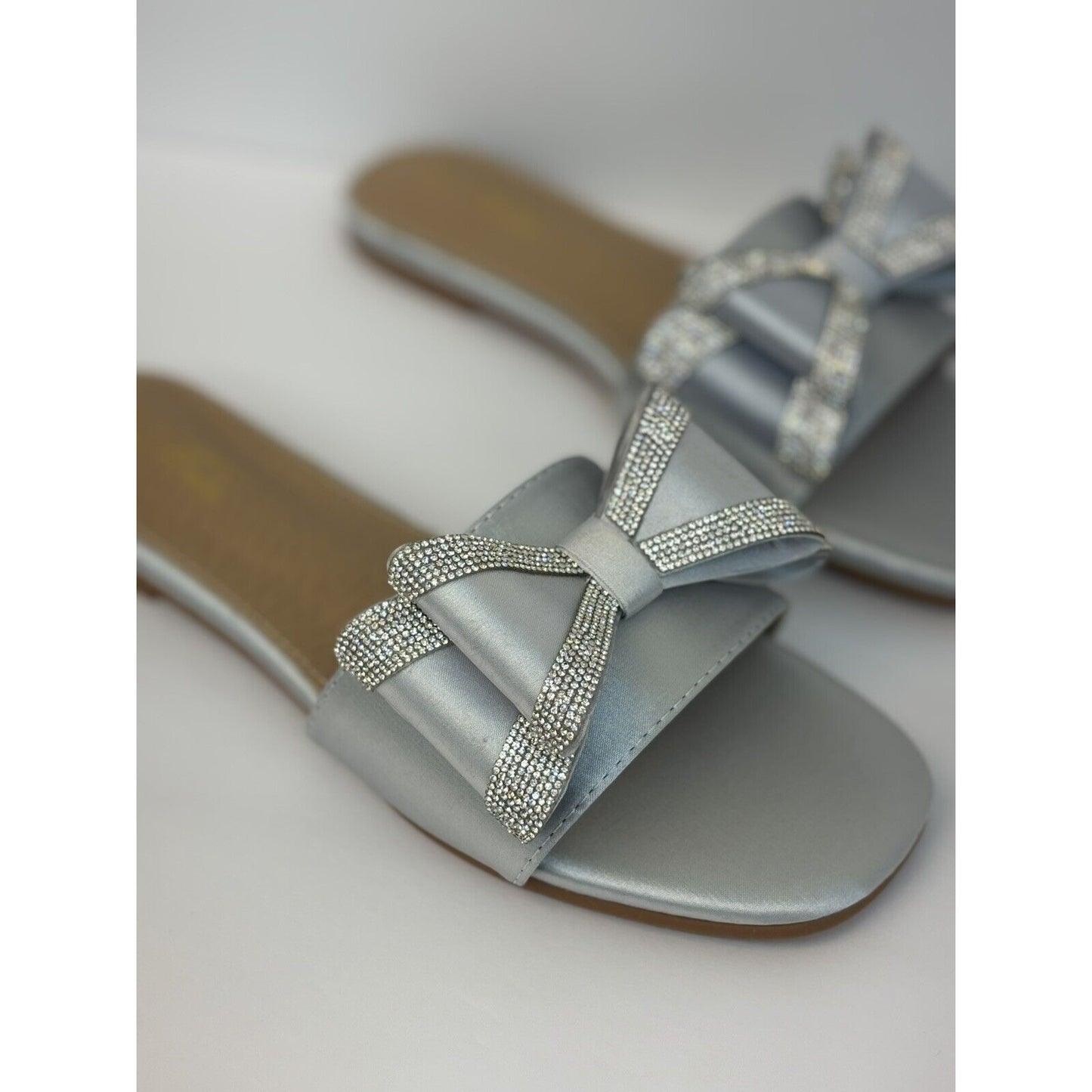 Bow Slide Flat  Satin Sandals Silver Women's Size 9