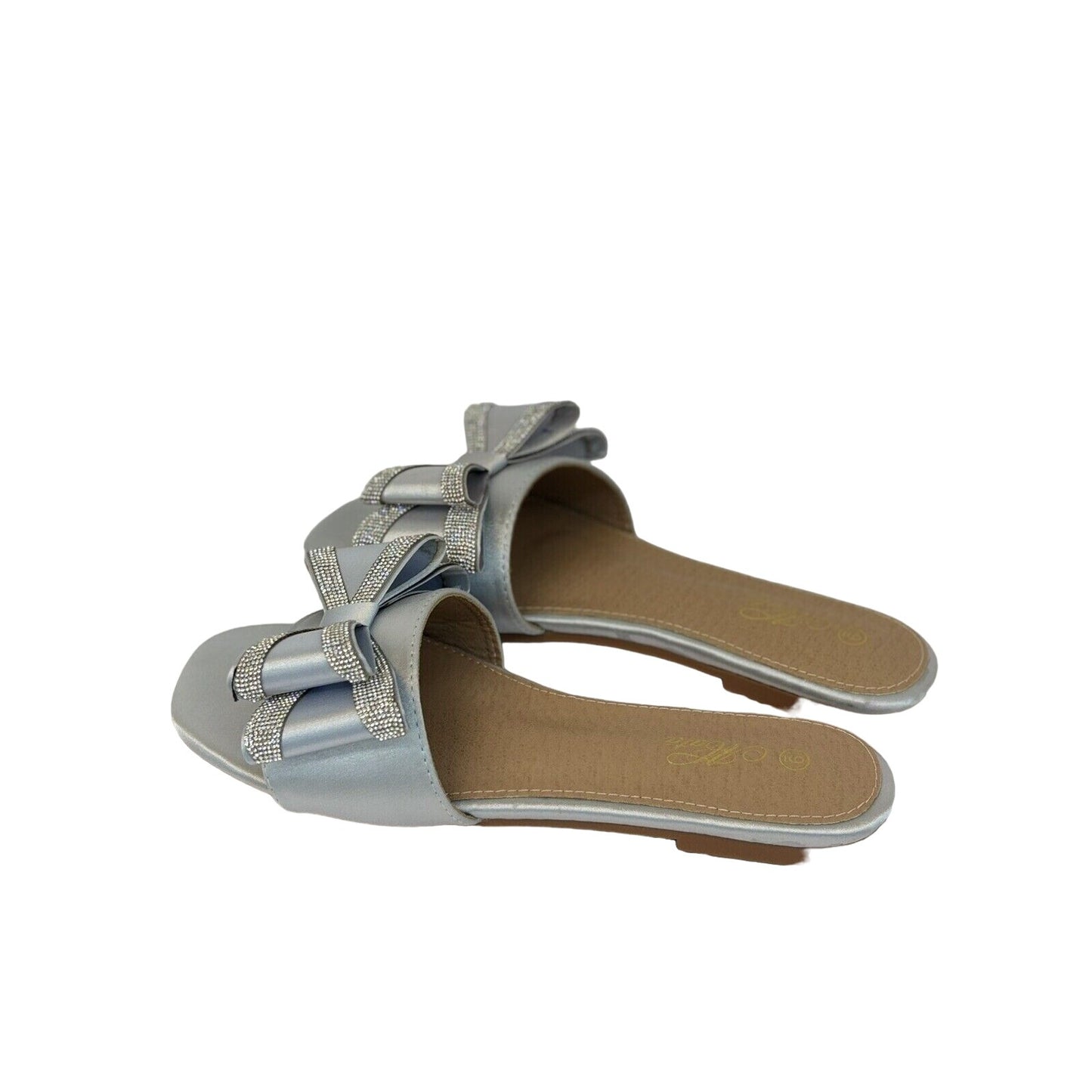 Bow Slide Flat  Satin Sandals Silver Women's Size 9