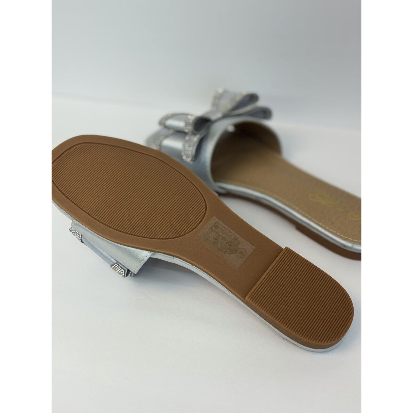 Bow Slide Flat  Satin Sandals Silver Women's Size 9