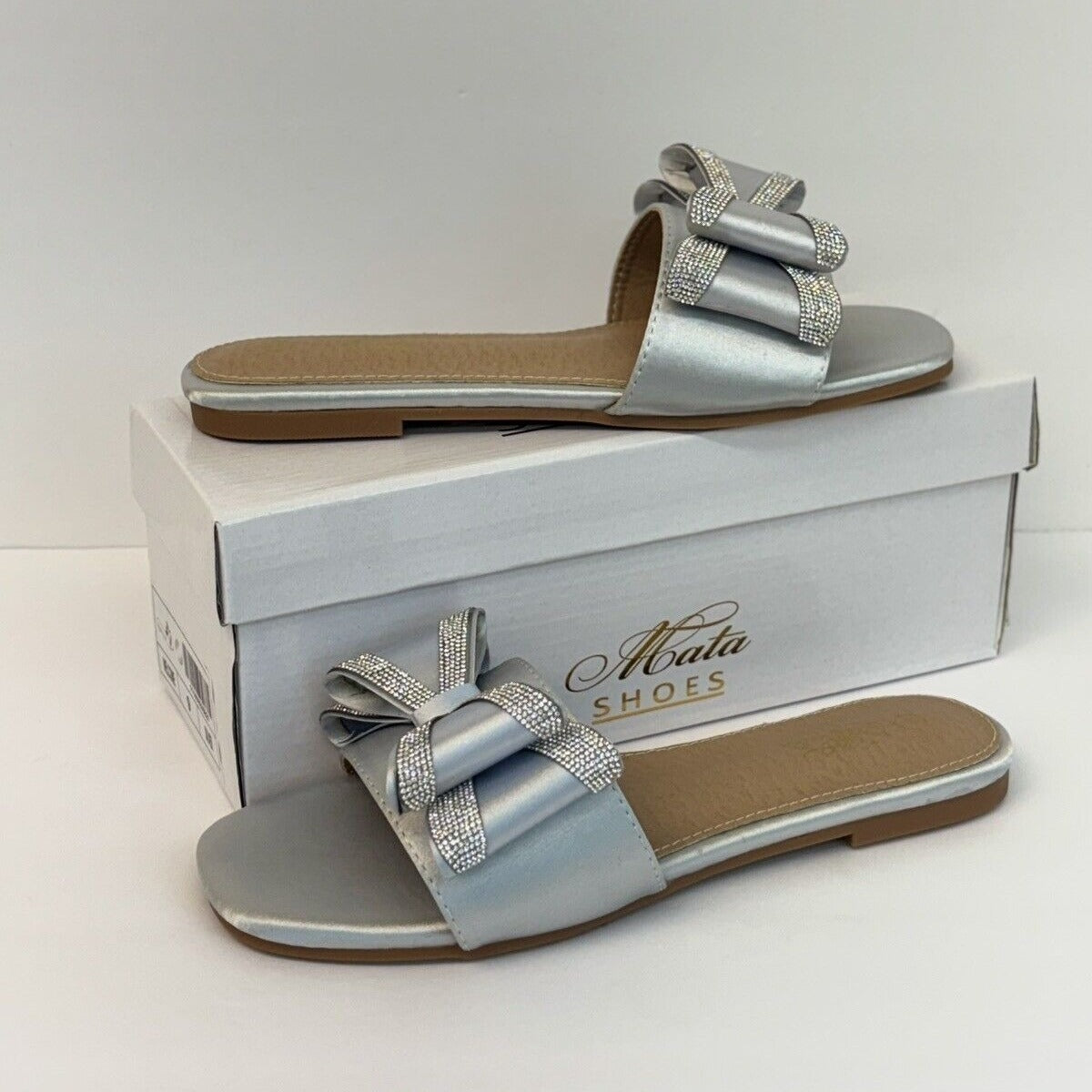 Bow Slide Flat  Satin Sandals Silver Women's Size 9